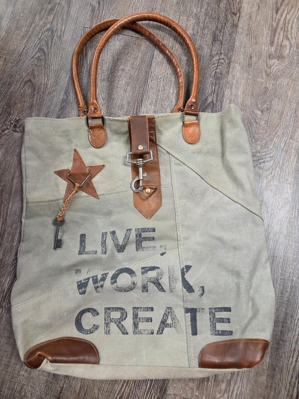 Mona B Canvas Bag LIVE WORK CREATE Tote Leather Handle Purse Distressed